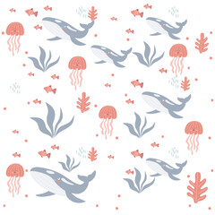 Cute underwater animal pattern. Cute pastel color of whale and jelly fish pattern for kids. Cute characters. Underwater background.