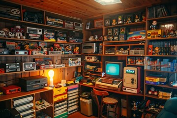 A retro gaming den with shelves lined with old cartridges, controllers, and gaming memorabilia, Generative AI