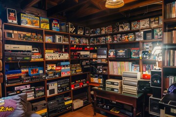 A retro gaming den with shelves lined with old cartridges, controllers, and gaming memorabilia, Generative AI