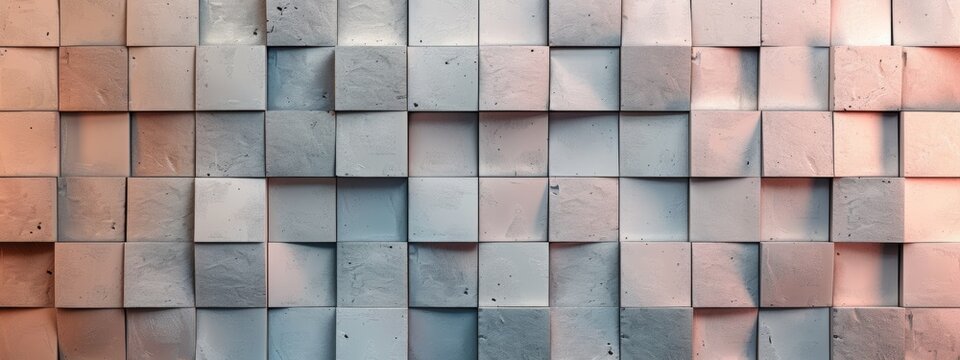 A background composed of geometric shapes resembling bricks or tiles, rendered in a muted color palette.