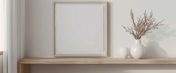 A sleek, minimalist living room showcases a white empty framed artwork against a backdrop of modernity, complemented by a wooden table adorned with a pristine white ceramic vase