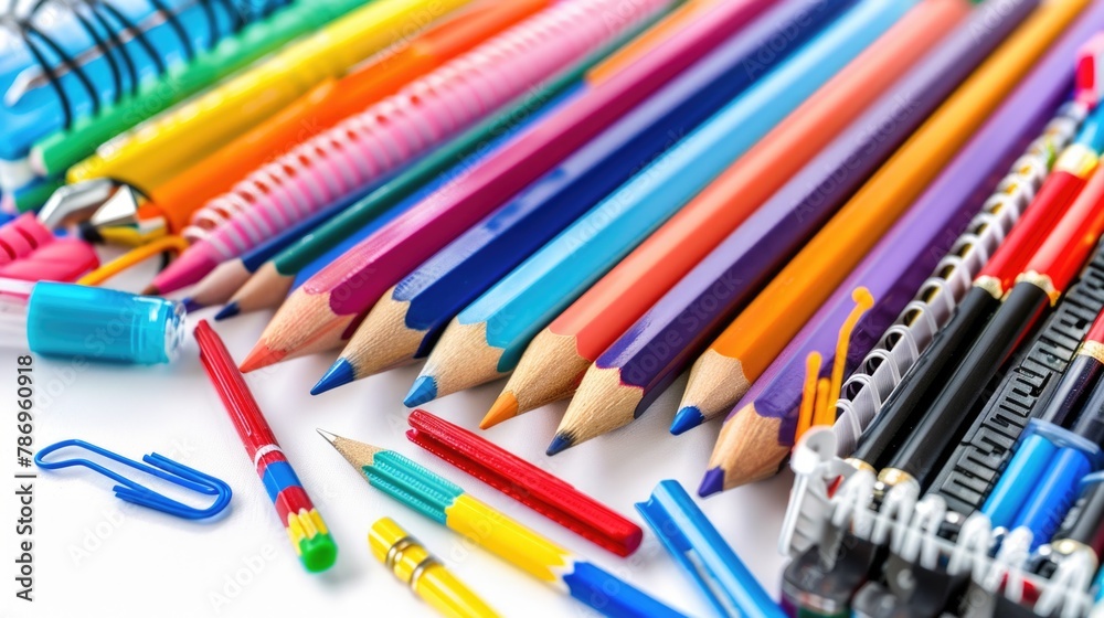 Poster a group of colored pencils lined up neatly. suitable for educational and artistic concepts
