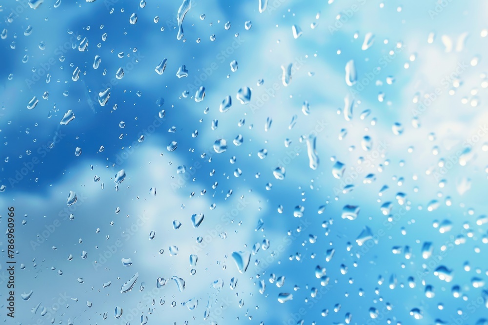 Poster rain drops on window with blue sky background. perfect for weather or nature concepts