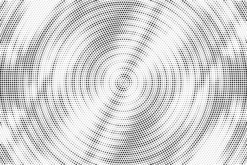 Radial halftone gradient background. Dotted concentric texture with fading effect. Black and white circle shade wallpaper. Grunge rough vector. Monochrome backdrop for various purpose.	