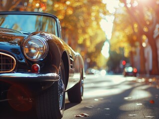 Old cars driving on the road, shining with sunlight - obrazy, fototapety, plakaty