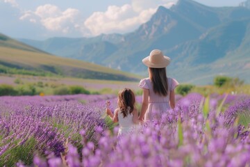 A serene image of a mother and daughter walking through a beautiful lavender field. Perfect for family and nature-themed designs - obrazy, fototapety, plakaty