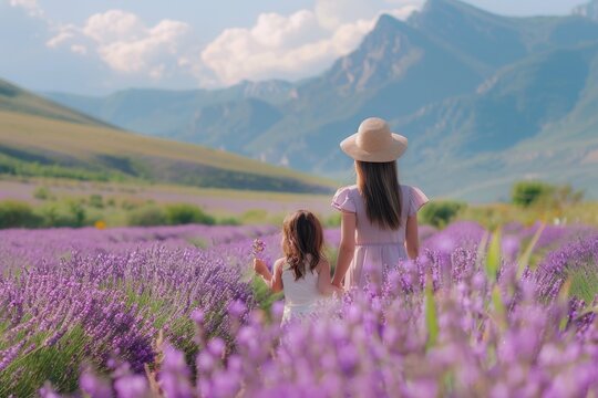 A serene image of a mother and daughter walking through a beautiful lavender field. Perfect for family and nature-themed designs