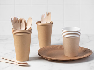 Eco friendly paper utensils. Zero waste concept. Plastic free concept. Paper dishes. Paper glass.