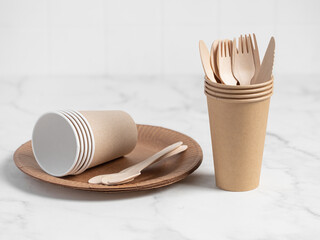 Eco friendly paper utensils. Zero waste concept. Plastic free concept. Paper dishes. Paper glass.