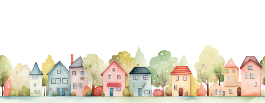 cute houses seamless border watercolor village illustration, town digital frame clipart