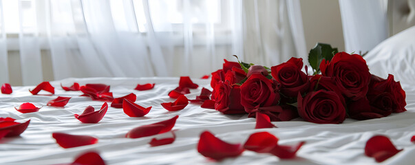 Interior of festive bedroom with decorations for Valentine's Day celebration. Elegant gesture Rose petals on the bed adding a touch of luxury and romance