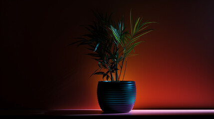 A solitary potted plant bathed in the glow of a soft, colorful light against the backdrop of a dark, elegant room.