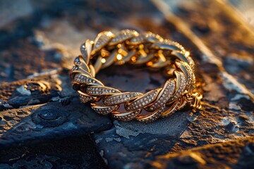 Close-up of a gold bracelet resting on a rock. Suitable for jewelry or fashion concepts - obrazy, fototapety, plakaty