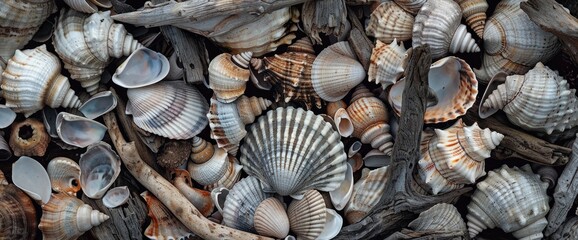 Curious investigation of discarded seashells and driftwood, professional photography and light , Summer Background - obrazy, fototapety, plakaty
