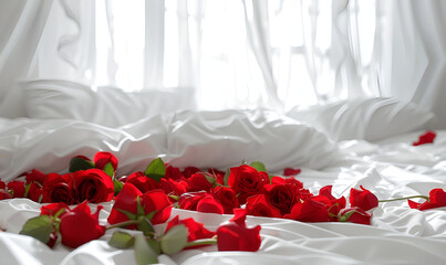 Red Roses on White Bed Sheet with Petals Scattered Romantic Bed Arrangement Background. Romantic bed with red rose petals in hotel room, closeup