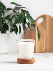 glass of milk in a bright kitchen, dairy products, calcium