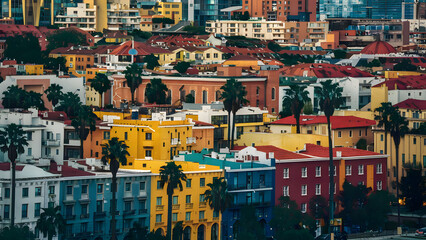 Colourful houses and palm trees on street