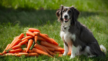 Dog with bunch of carrots on green grass background
