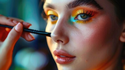 Obraz premium Close up of a woman with vibrant and bold makeup. Perfect for beauty and fashion concepts