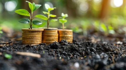 Saving money, growing money, finance and investing Plants that grow on piles of coins - obrazy, fototapety, plakaty