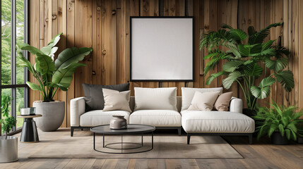 A cozy interior with a white sofa, blank poster on the wooden wall, surrounded by lush green plants. Generative AI