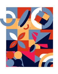 A colorful abstract painting with many shapes and circles