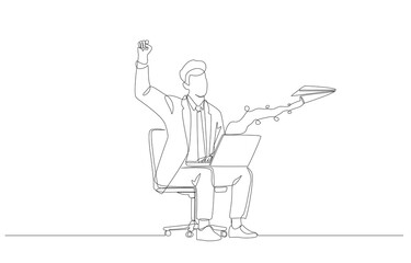 Continuous one line drawing of businessman finish work with paper plane flying out of laptop, task completion, submitting work via wireless internet concept, single line art.