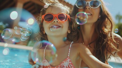 A woman and a little girl in sunglasses blowing bubbles. Suitable for family and summer themed designs