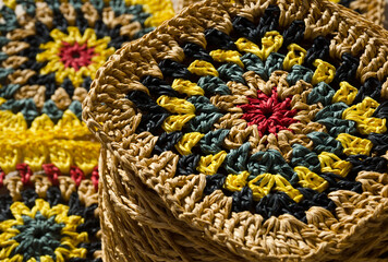 Raffia yarn texture. Crocheted bags, clutches, hats, wallets.