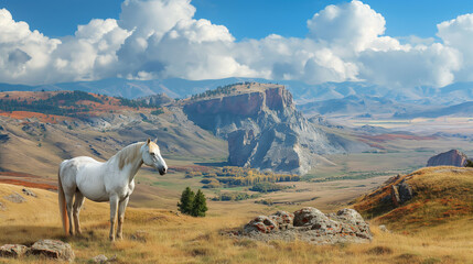 Fototapeta premium A white horse in a mountainous landscape, realistic style, under a blue sky with white clouds, depicting tranquility in nature. Generative AI