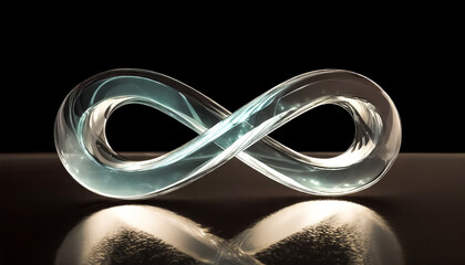 A transparent infinity symbol made of glass shines in the dark.