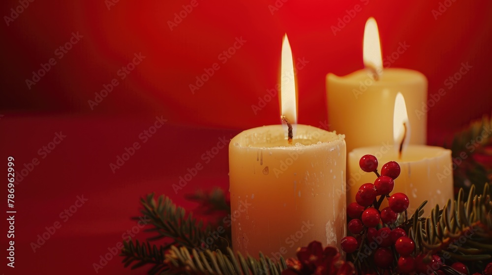 Poster three candles sitting on a table, suitable for various themes and concepts