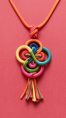studio shot of a A colorful Chinese knot pendant with a minimalist style against a simple clean light red background