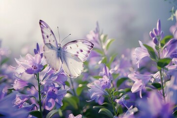 Naklejka premium Beautiful white butterfly perched on vibrant purple flowers. Perfect for nature and garden themes