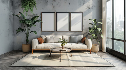 Living room interior with couch and blank frames on a wall, modern design for mockup, sunlight, Generative AI.