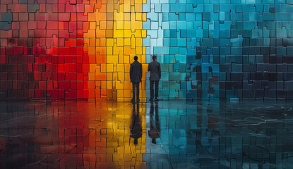 Two people in front of a colorful puzzle wall, photo style, on a reflective surface, capturing the concept of searching for a solution. Generative AI - obrazy, fototapety, plakaty