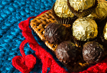 Chocolates and knitted hearts for Valentine's Day.