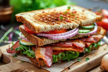Close up of a sandwich on a cutting board, perfect for food blogs or restaurant menus