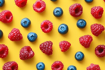 Fresh raspberries and blueberries on a vibrant yellow background. Perfect for food and...