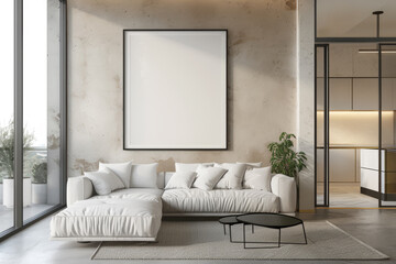 Modern living room interior with a large blank poster on a textured wall, white sofa, glass window, and natural light, Generative AI.