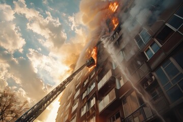 A dramatic scene of a fire truck engulfed in flames in front of a high-rise building. Suitable for illustrating emergency situations