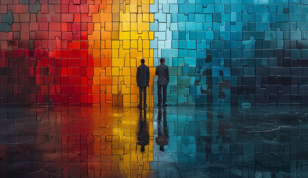 Two people in front of a colorful puzzle wall, photo style, on a reflective surface, capturing the concept of searching for a solution. Generative AI