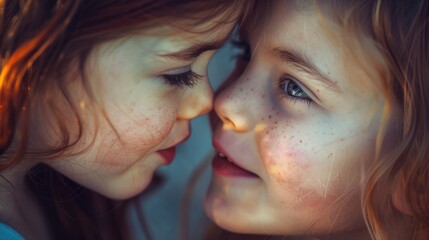 Close up of two girls touching noses, suitable for friendship or bonding concepts - obrazy, fototapety, plakaty