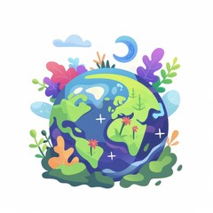 A colorful, cartoonish drawing of the Earth with a green