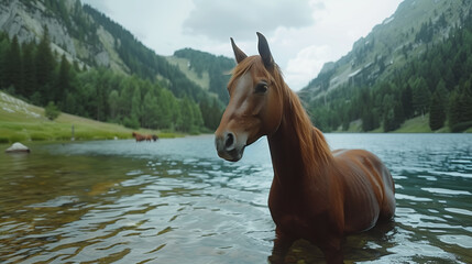 Fototapeta premium Brown horse standing in water, with a mountainous background, depicting calm and nature. Generative AI