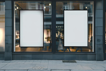 Two blank white posters on a store's facade, modern building exterior, street view, concept of advertising space. Generative AI
