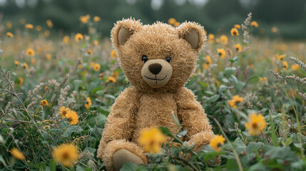 Adorable teddy bear sitting in a field of lush greenery, its plush fur blending with the grass