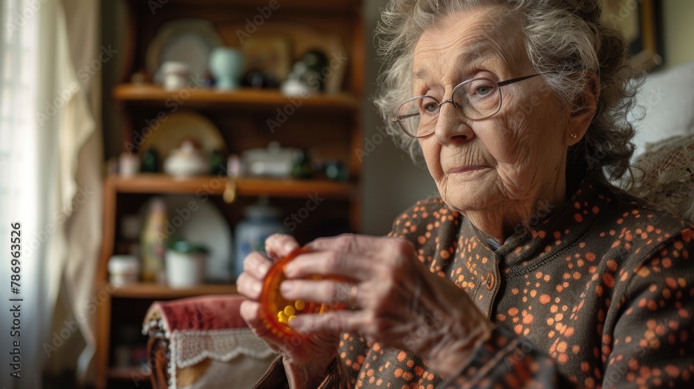 Poster Elderly lady holding a pair of scissors, suitable for various concepts and designs