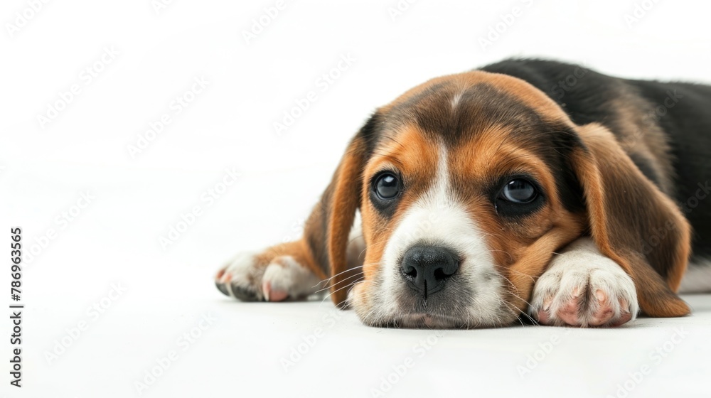 Poster a peaceful image of a dog laying down on a white surface. suitable for various projects