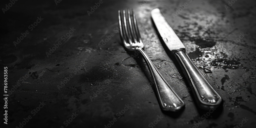 Poster A simple table setting with two forks and a knife. Perfect for restaurant menus or food blogs